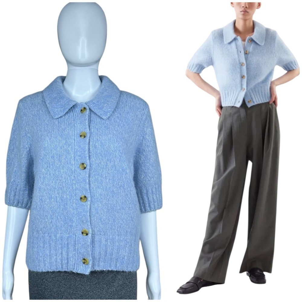COS Alpaca Wool Short Sleeve Blue Cardigan Academia Preppy Quiet Luxury Sz Large